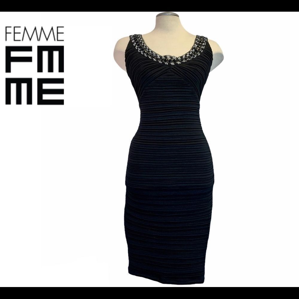 Femme Black Beaded Embellished neckline dress Sz 6